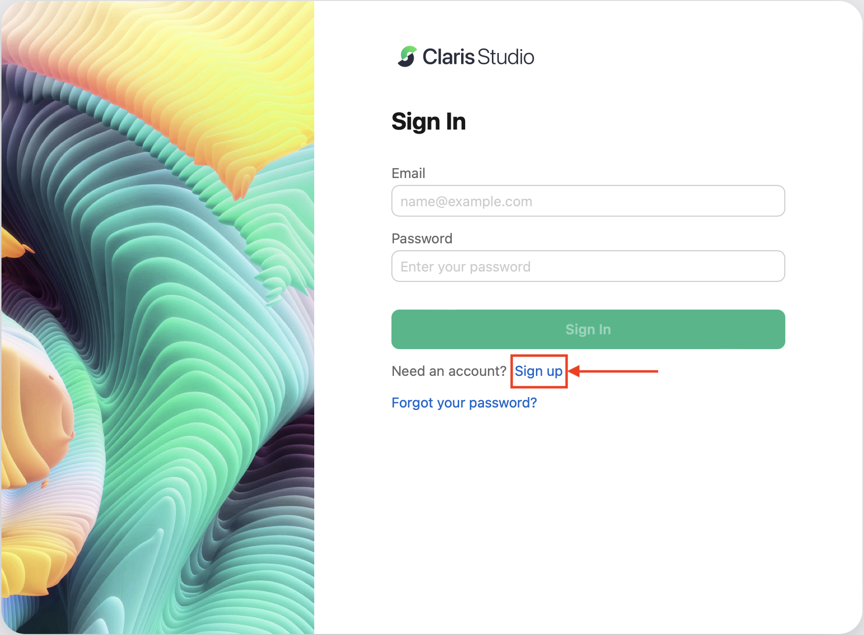 Click to enlarge Claris Studio Sign-in or Sign-up page with sign up indicated