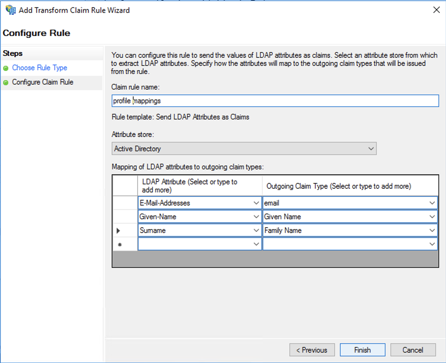 Active Directory Federation Services, transform claim wizard, rule name