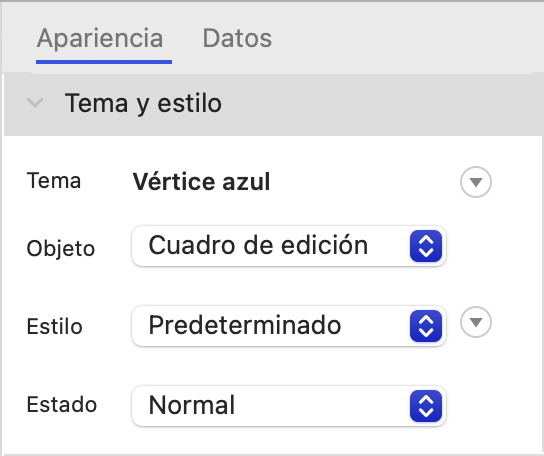 Panel de inspector con las pestañas de Apariencia y Datos en macOS
