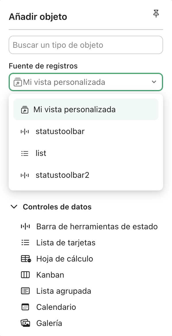 Vista personalizada, menú Añadir objeto, menú Origen de registros