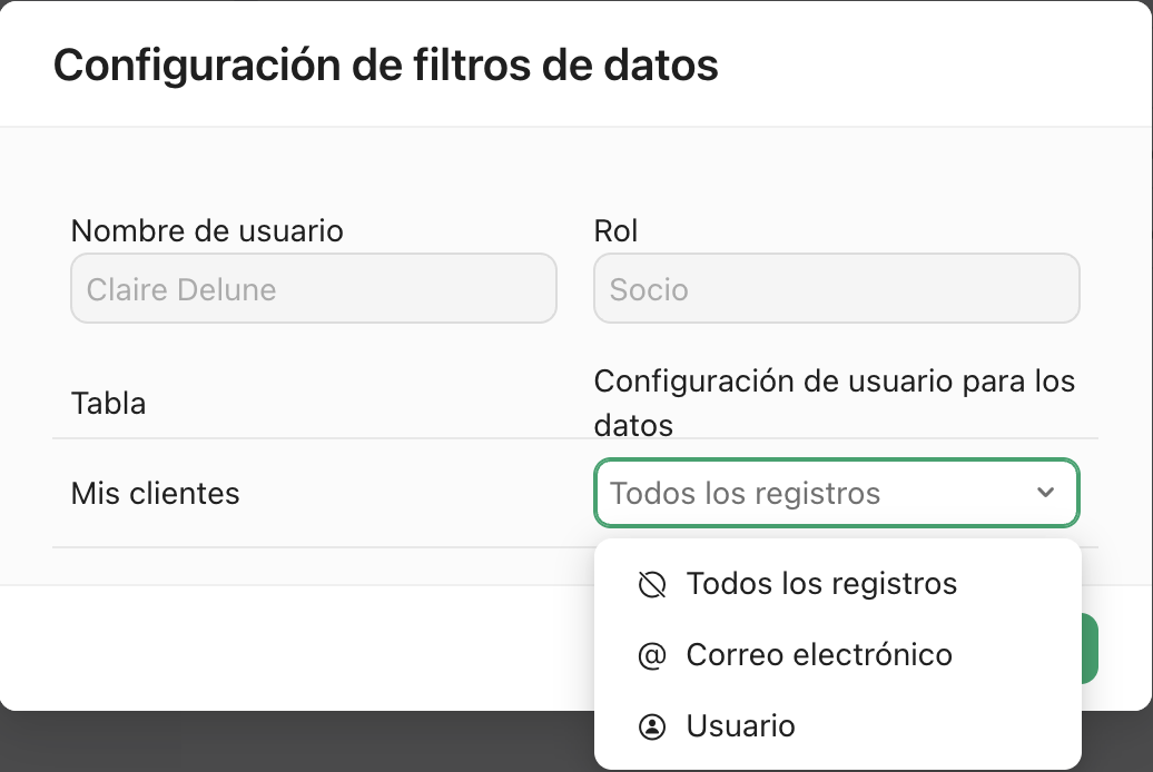 Configuración de filtros de datos, configuración de usuario para opciones de datos