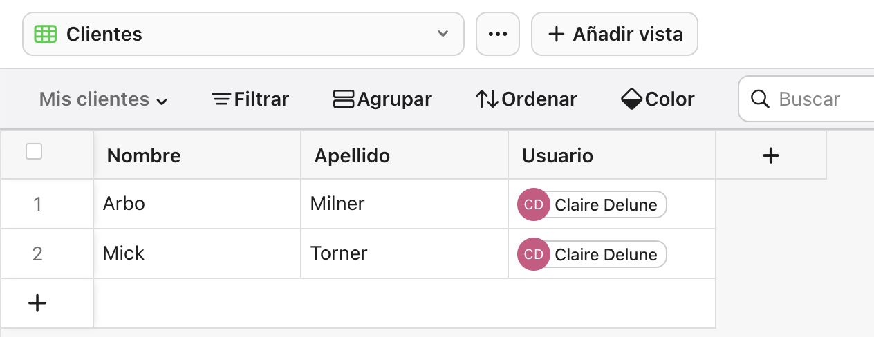 Filtros de datos, vista de miembro del equipo configurada