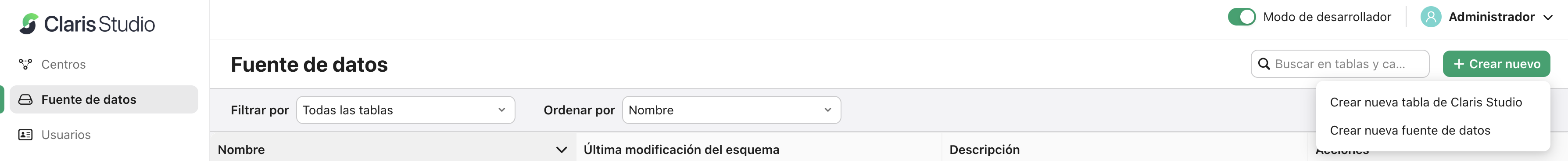 Pestaña Fuentes de datos, Crear nueva