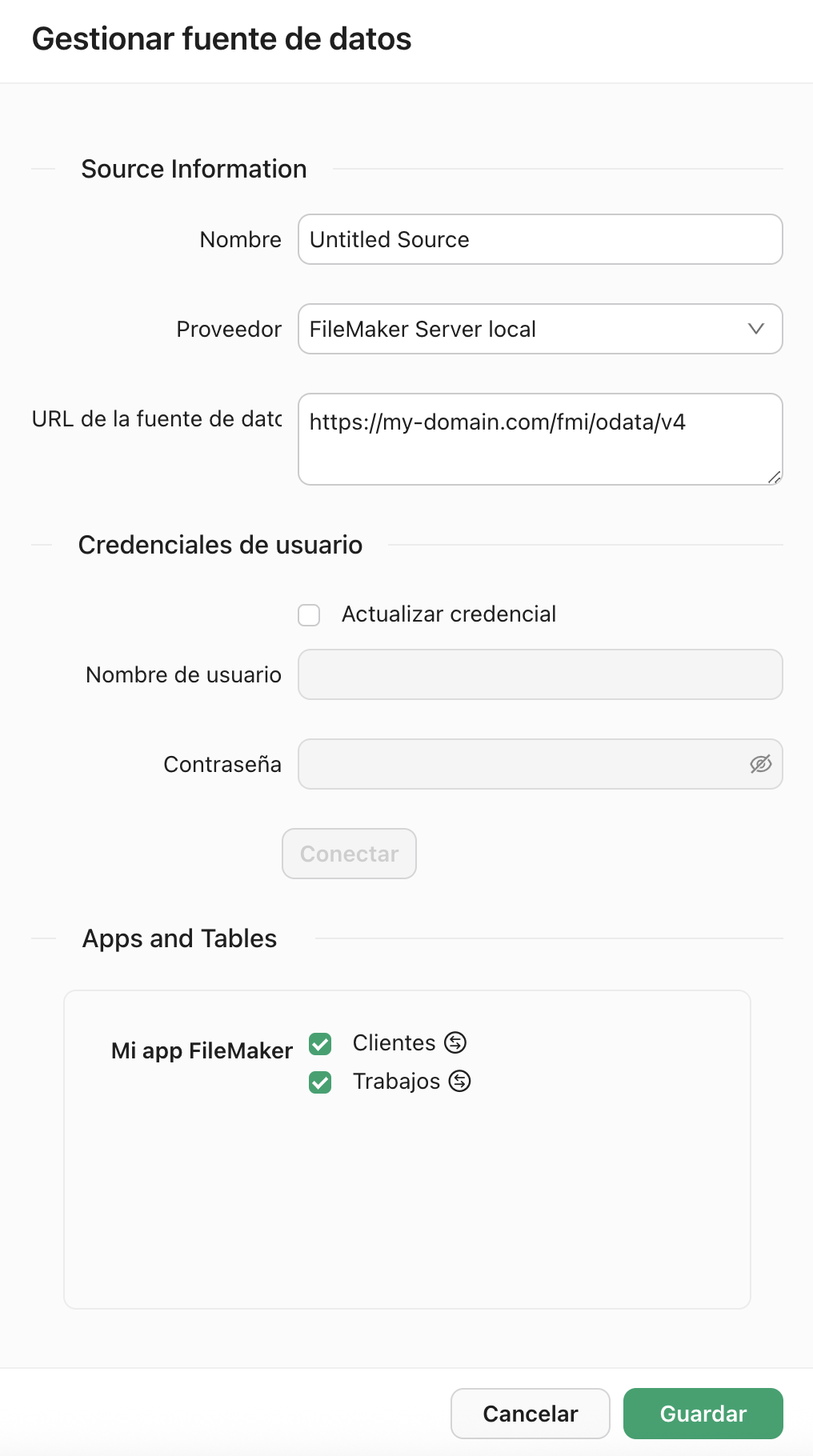 Pestaña Fuentes de datos, cuadro de diálogo Crear nueva fuente de datos