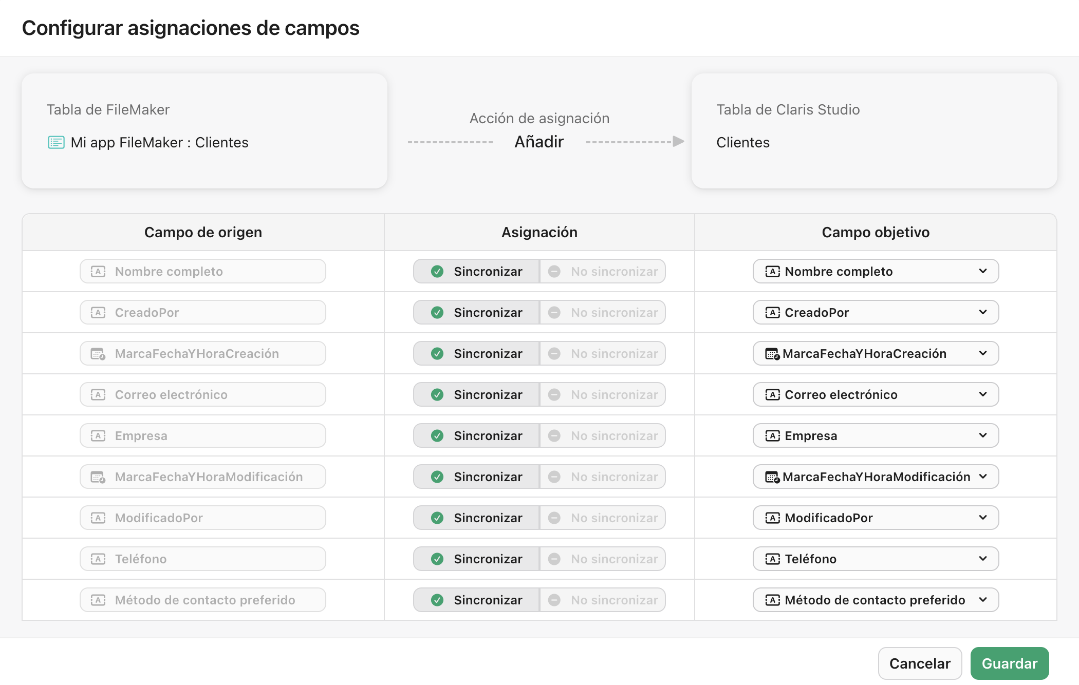 Fuentes de datos, cuadro de diálogo Configurar asignaciones de campo, lista de campos