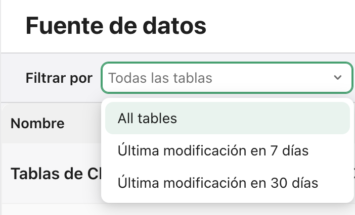 Pestaña Fuentes de datos, Filtrar por