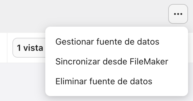 Pestaña Fuentes de datos, menú de fuentes de datos de FileMaker