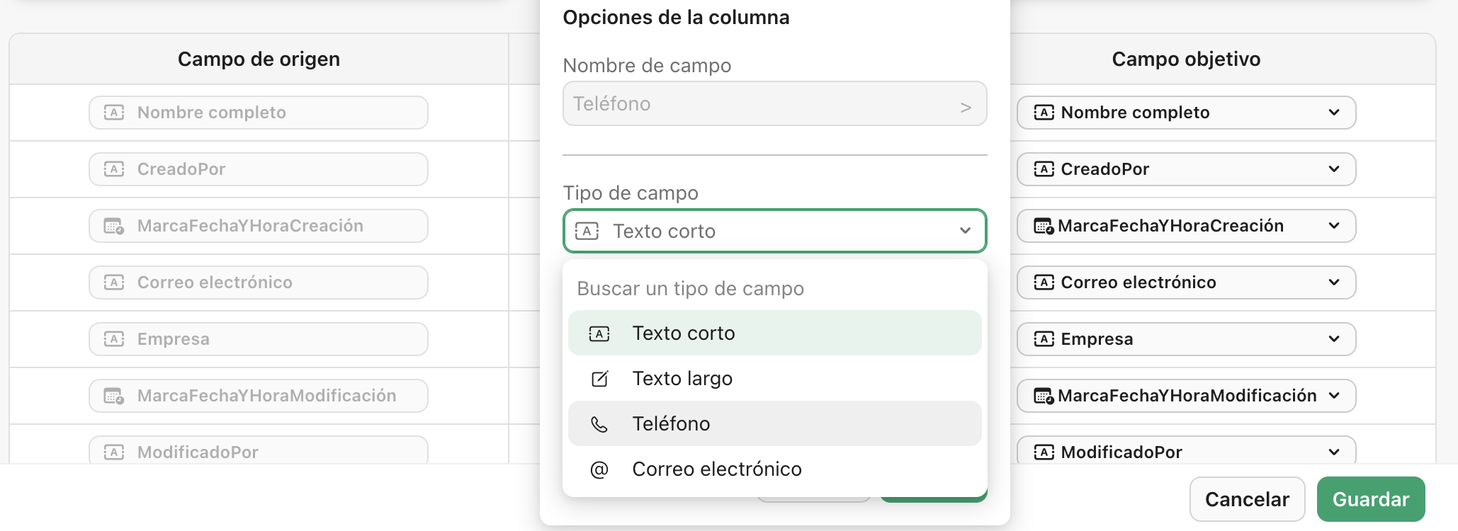 Fuentes de datos, Configurar asignaciones de campo, Tipo de campo de Remp