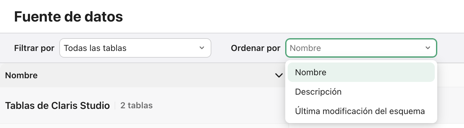 Pestaña Fuentes de datos, Ordenar por