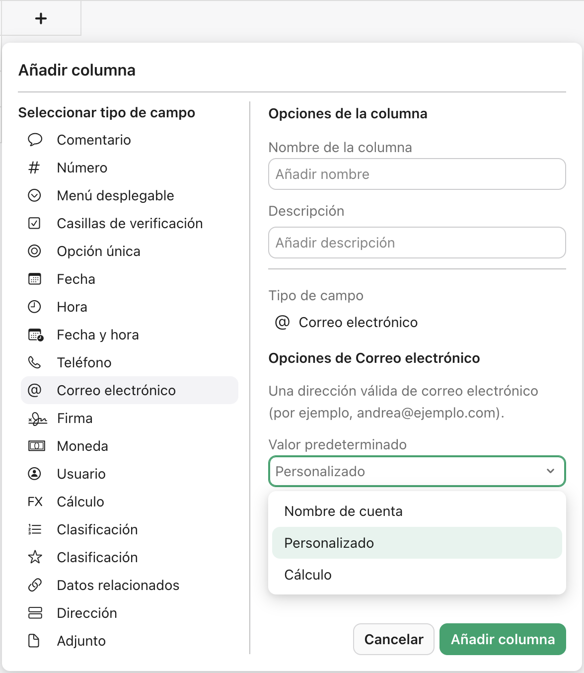 Añadir columna, campo de correo electrónico, valor predeterminado, nombre de cuenta