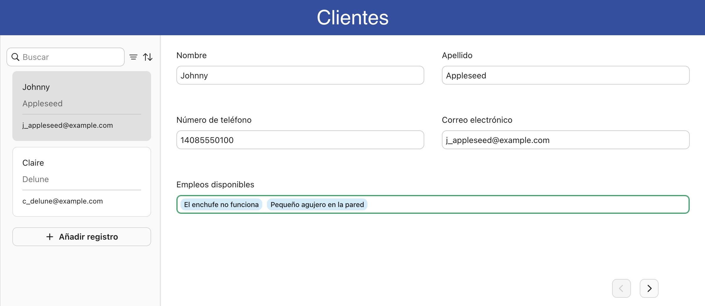 Ejemplo de campo de datos relacionados, Trabajos abiertos para un cliente