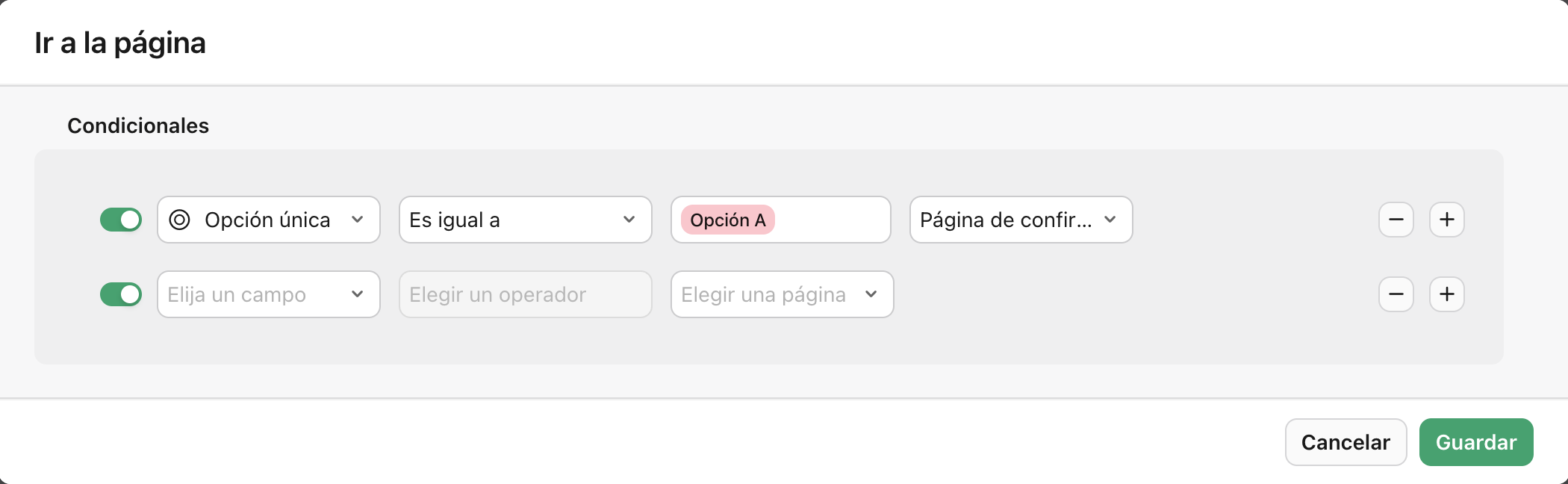 Vista formulario, Bifurcación condicional de páginas, Añadir condición