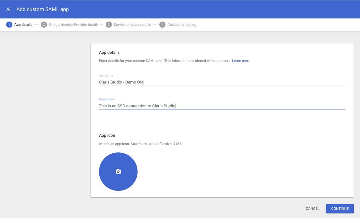 SAML en Google Workspace, detalles de la aplicación SAML personalizada