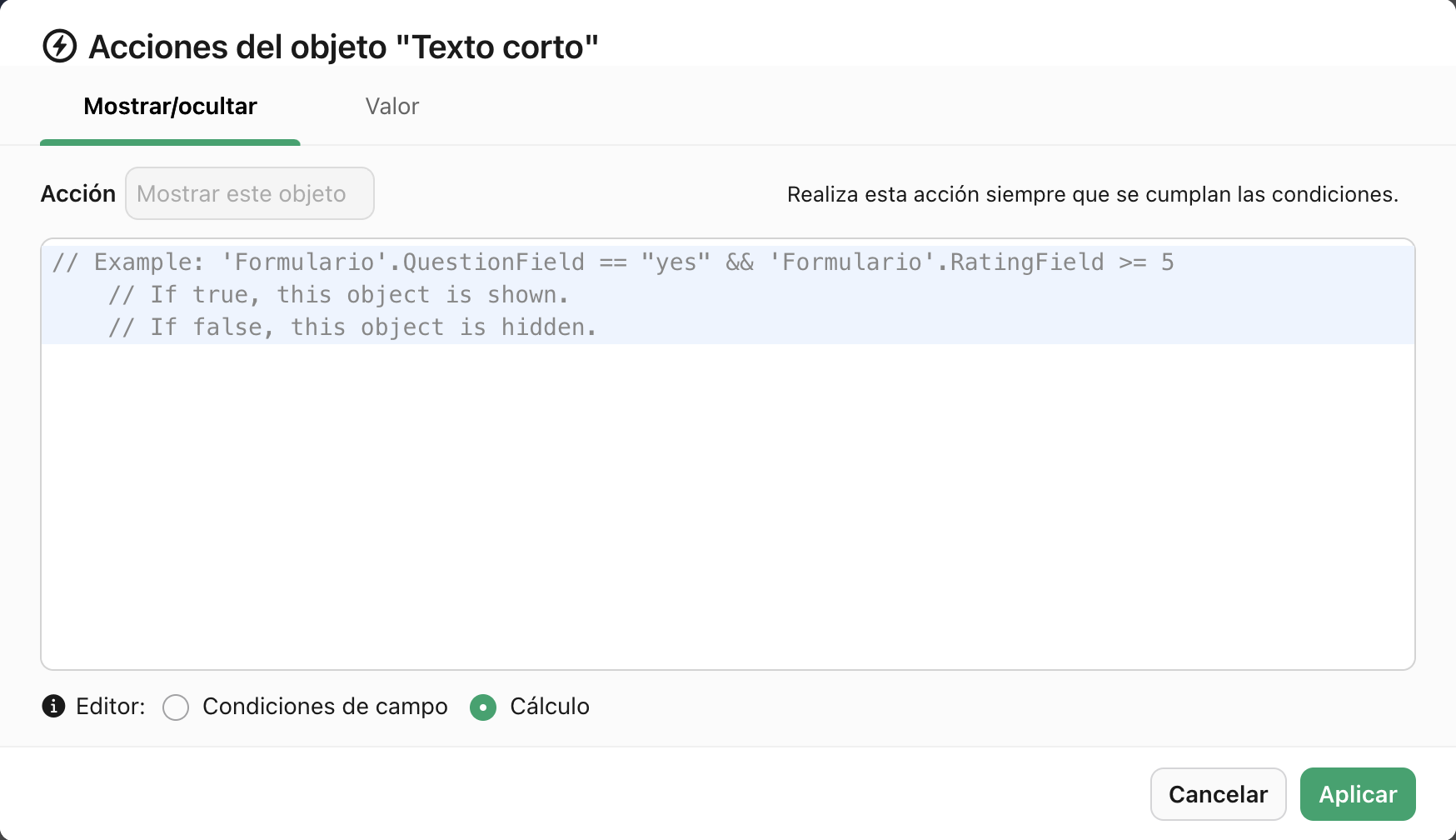Acciones de objeto, Editor, Cálculo