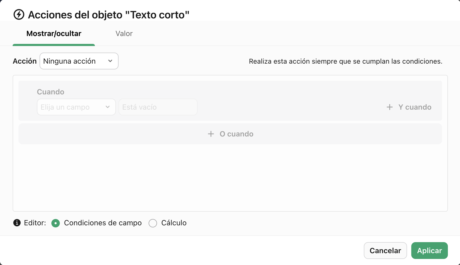 Cuadro de diálogo de acciones de objeto