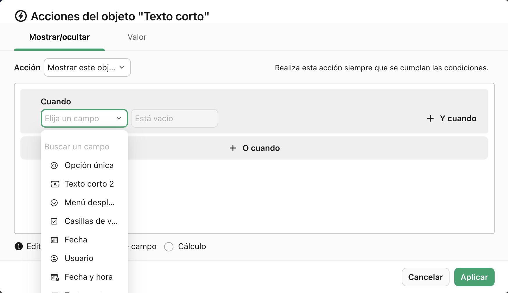 Acciones de objeto, When, Elegir un campo