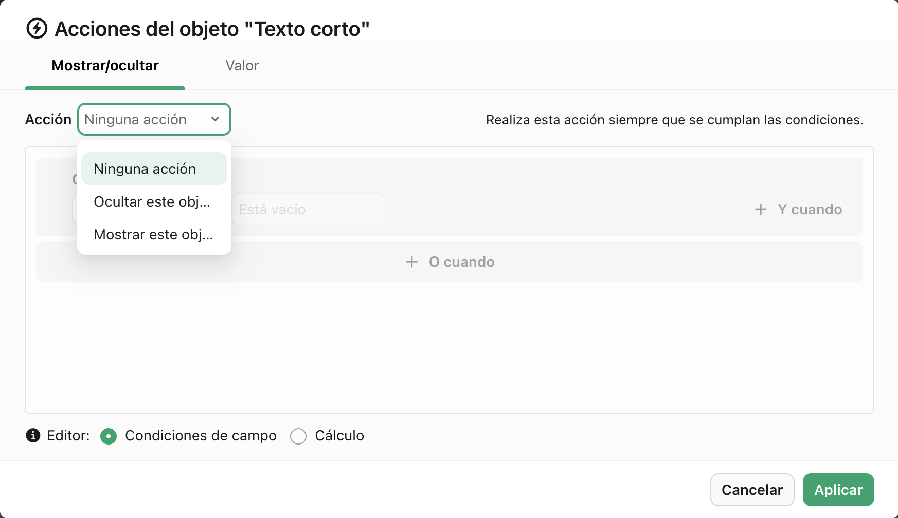 Acciones de objeto, opciones de acción Mostrar/Ocultar