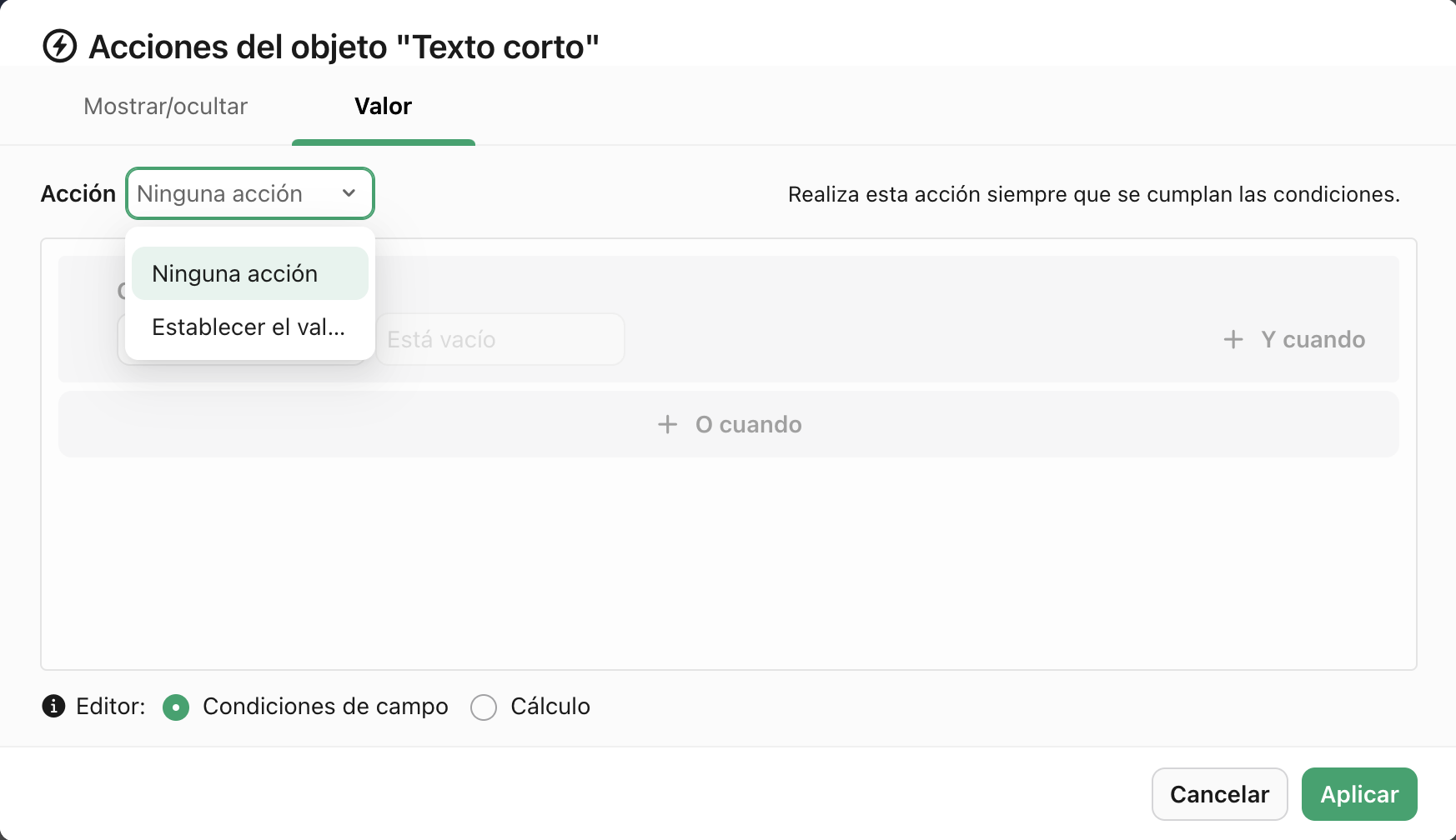 Acciones de objeto, Valor, Acción