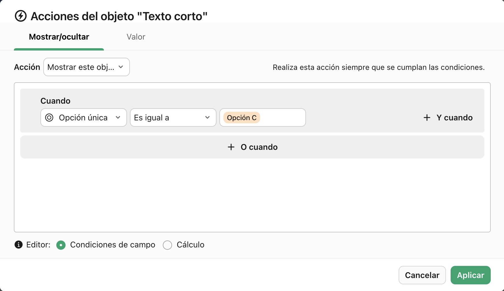 Acciones de objeto, When, Condición