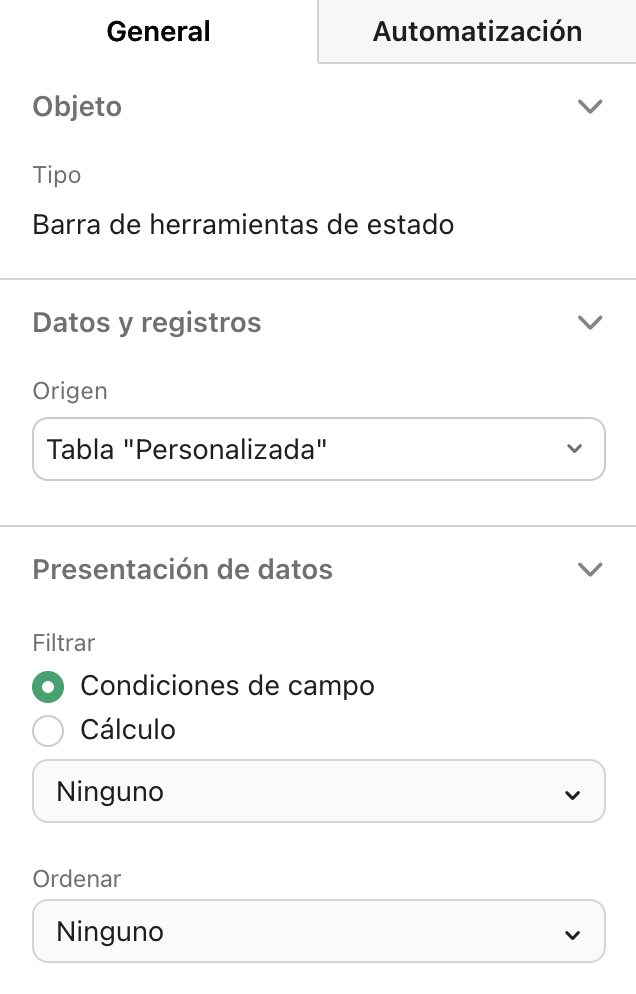 Panel Propiedades, pestaña General