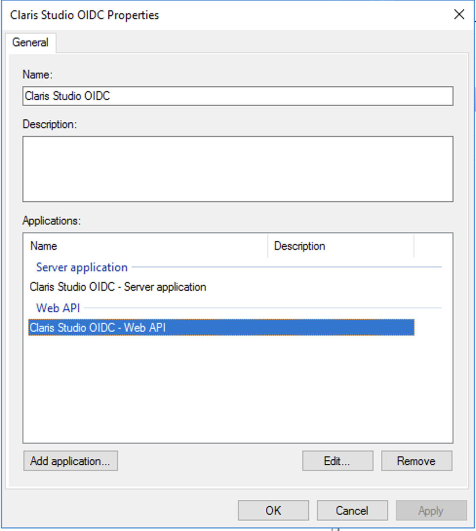 Servicios de federación de Active Directory, propiedades de grupo OIDC de Claris Studio