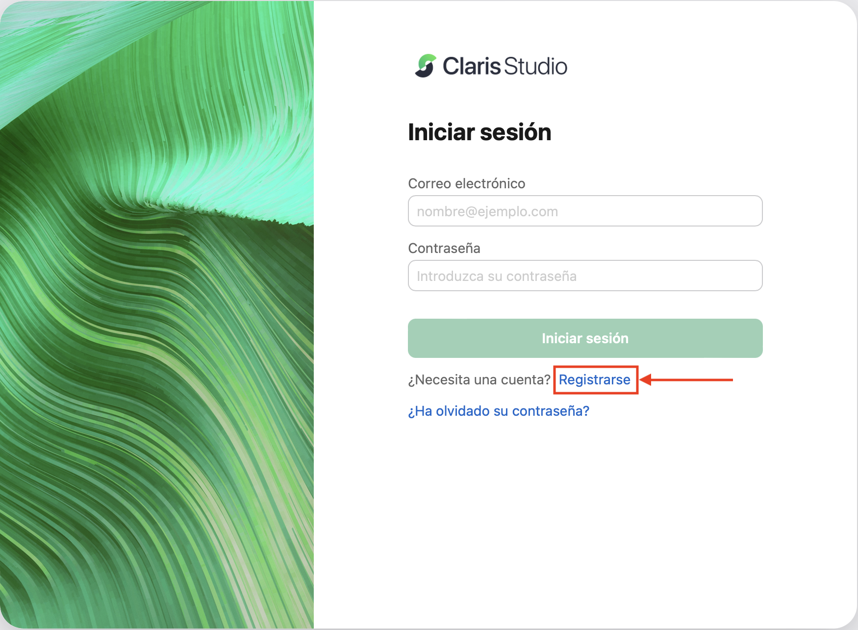 Haga clic para aumentar. Página de inicio de sesión o registro de Claris Studio con el botón de registro señalado