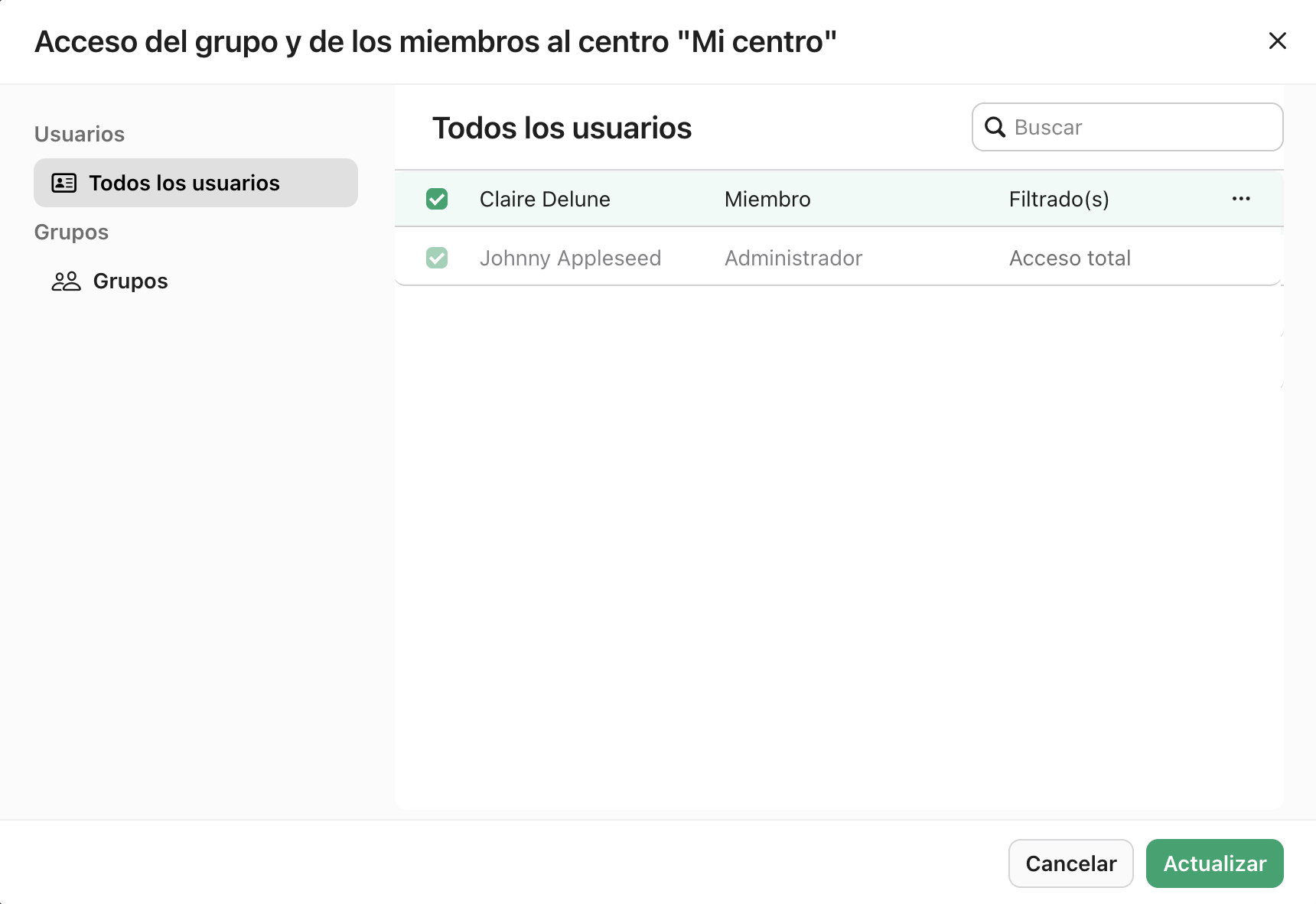Acceso de grupo y miembro al centro, todos los usuarios