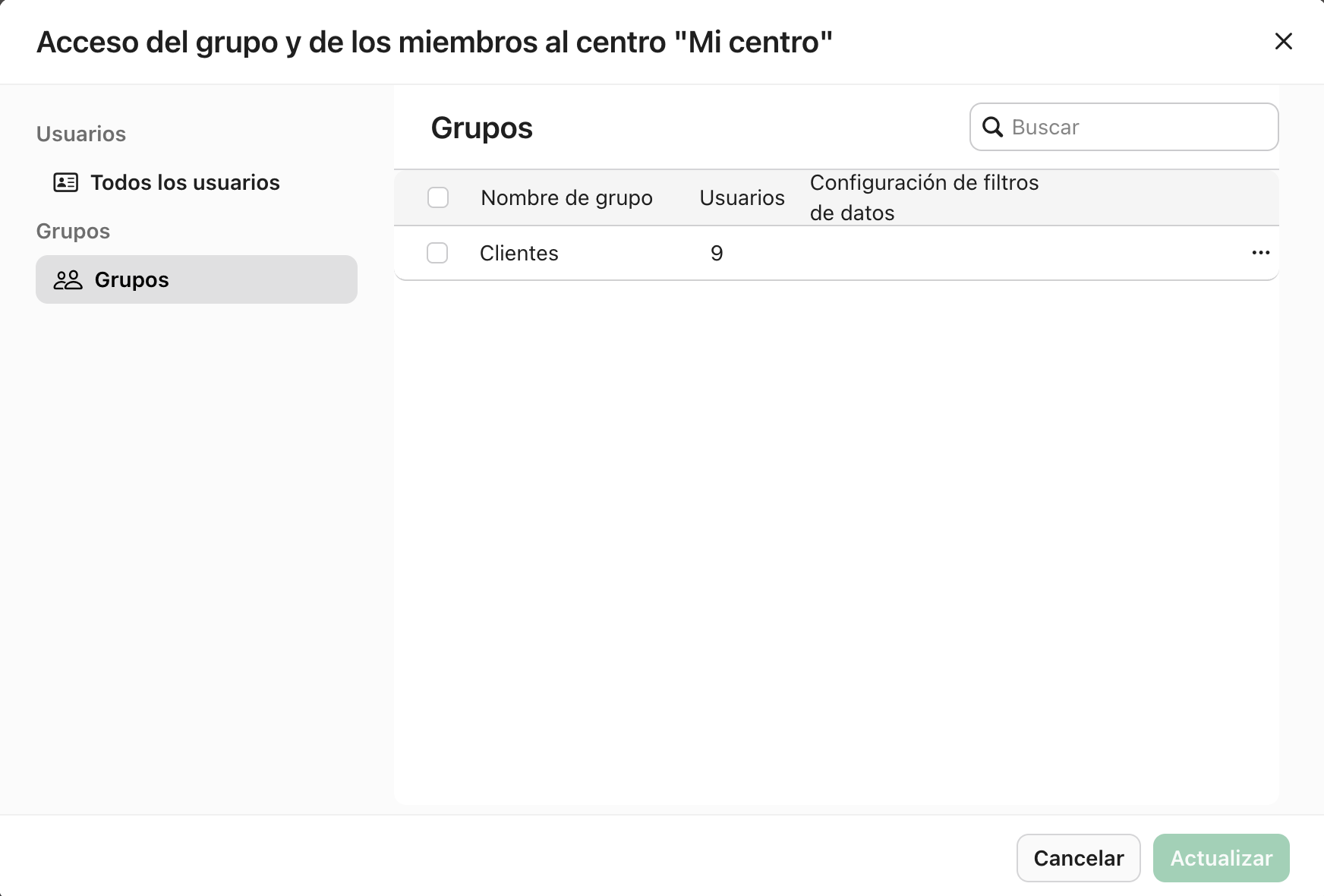 Acceso de grupo y miembro al centro, grupos
