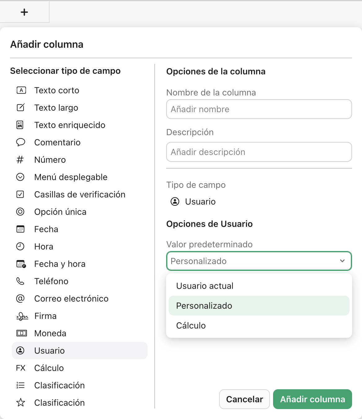 Añadir columna, campo de usuario, valor predeterminado, usuario actual