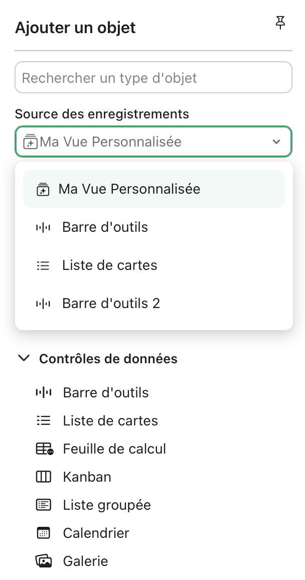 Vue personnalisée, menu Ajouter un objet, menu Source des enregistrements