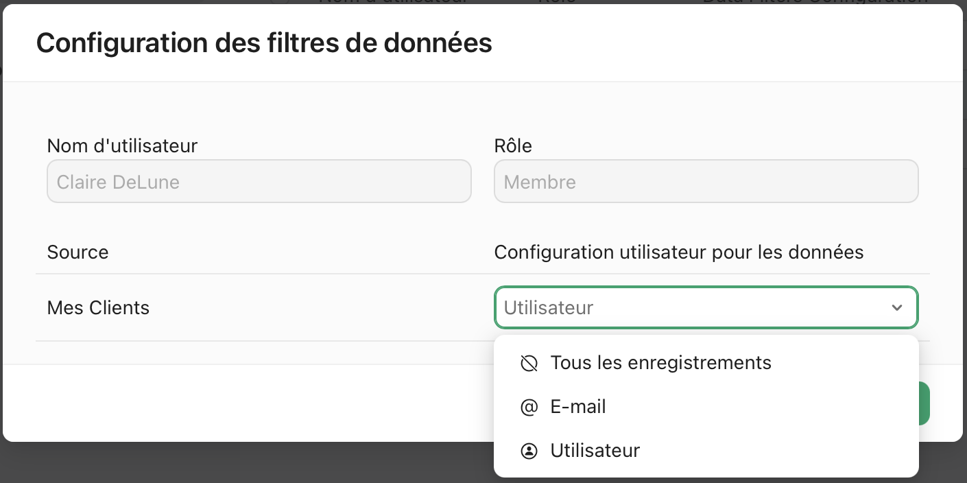 Configuration des filtres de données, Configuration utilisateur pour les options de données