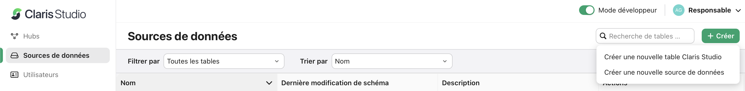 onglet Sources de données, Créer