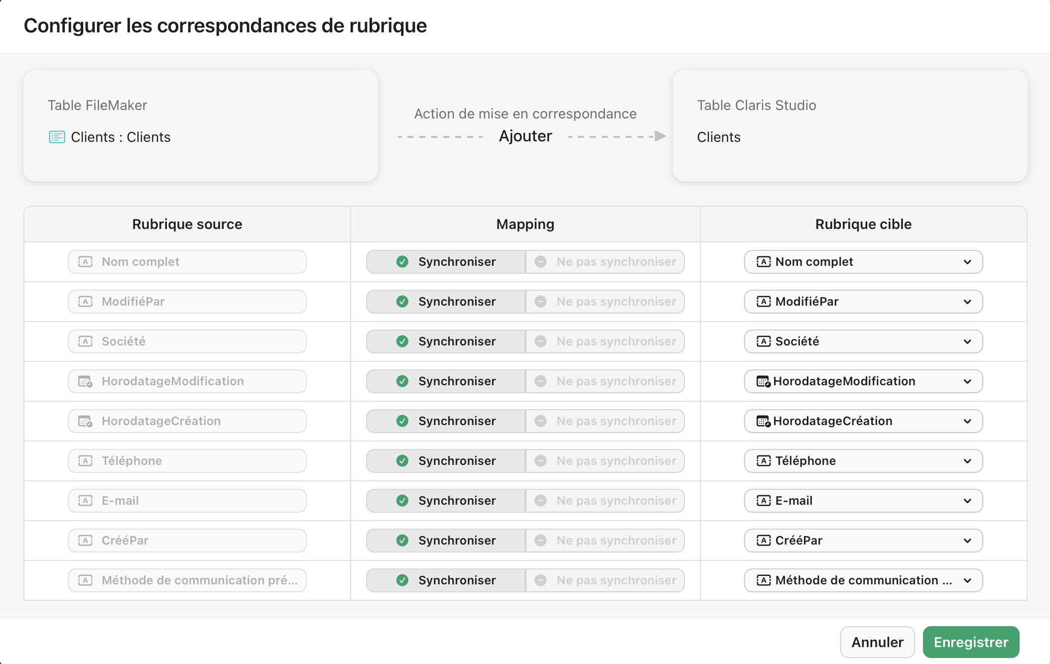 Sources de données, boîte de dialogue Configurer les mises en correspondance de rubriques, liste des rubriques