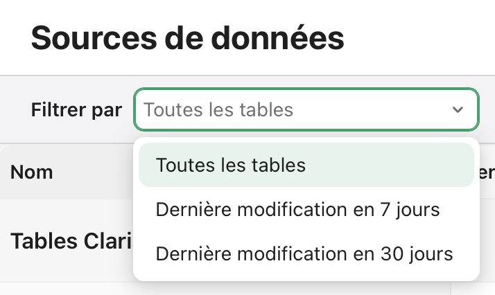 onglet Sources de données, Filtrer par