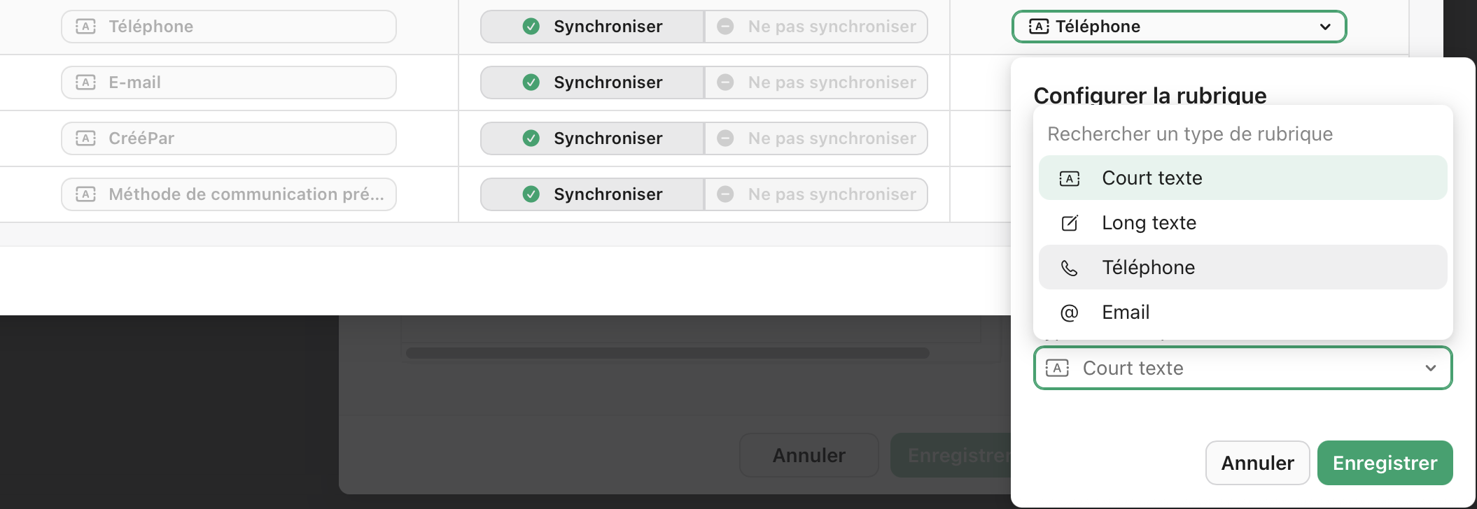 Sources de données, Configurer les mises en correspondance de rubriques, Type de rubrique Remp