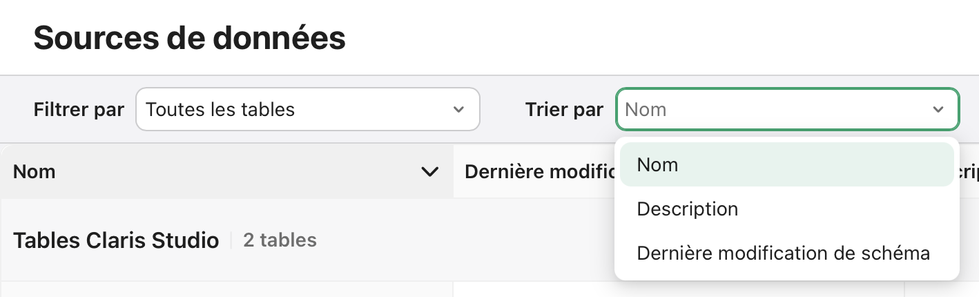 onglet Sources de données, Trier par