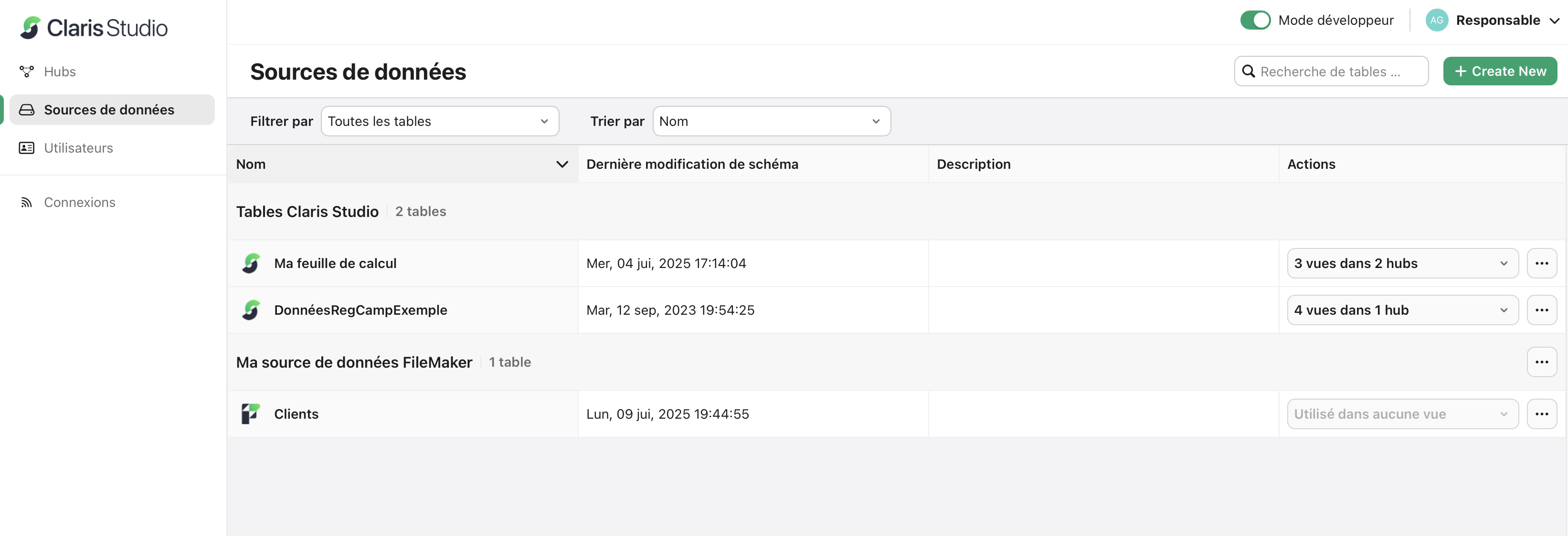 onglet Sources de données, aperçu