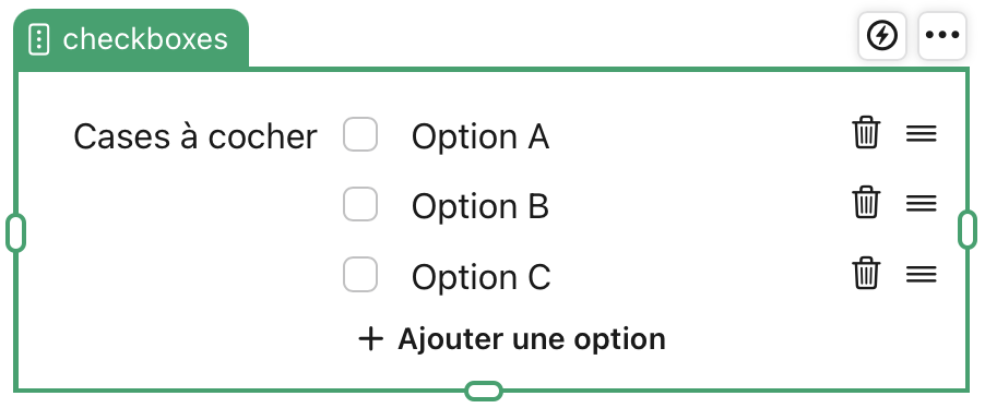 Objet de rubrique Cases à cocher