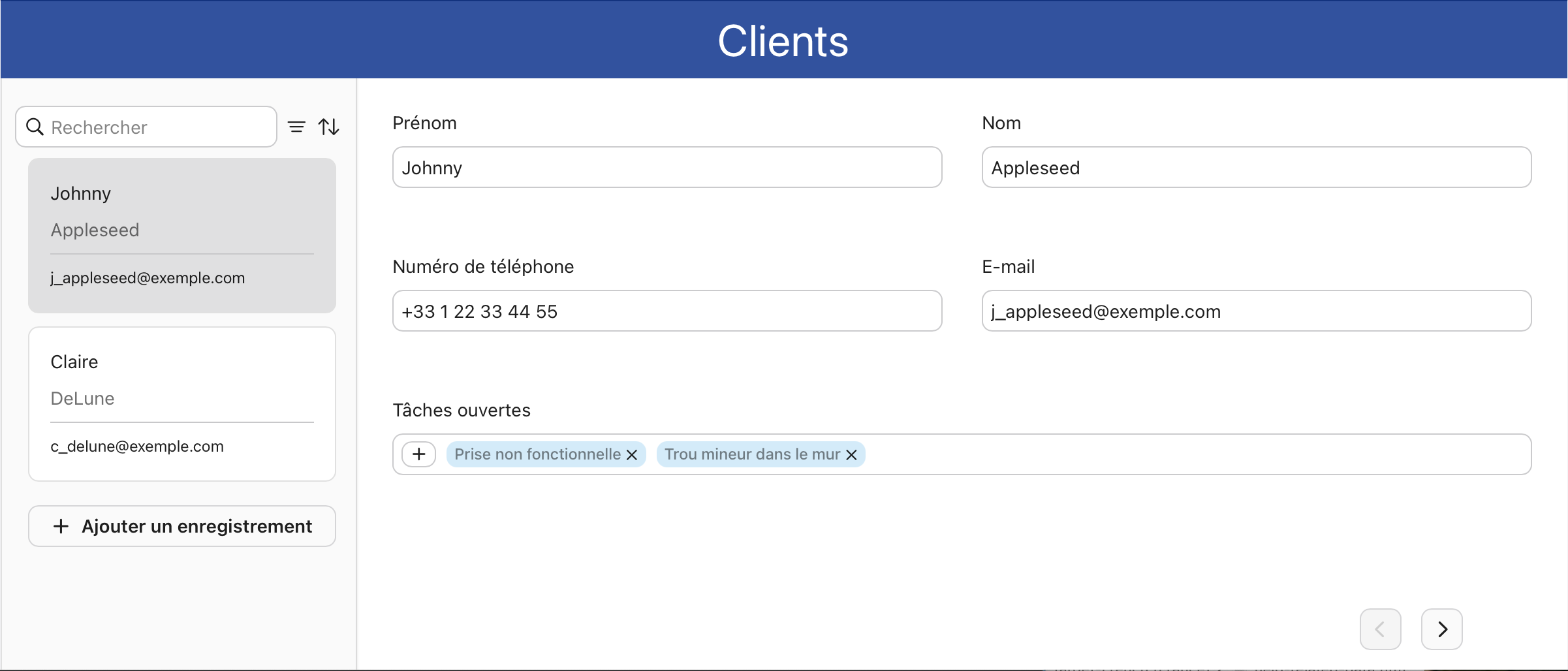 Exemple de rubrique Données liées, Tâches ouvertes d'un client