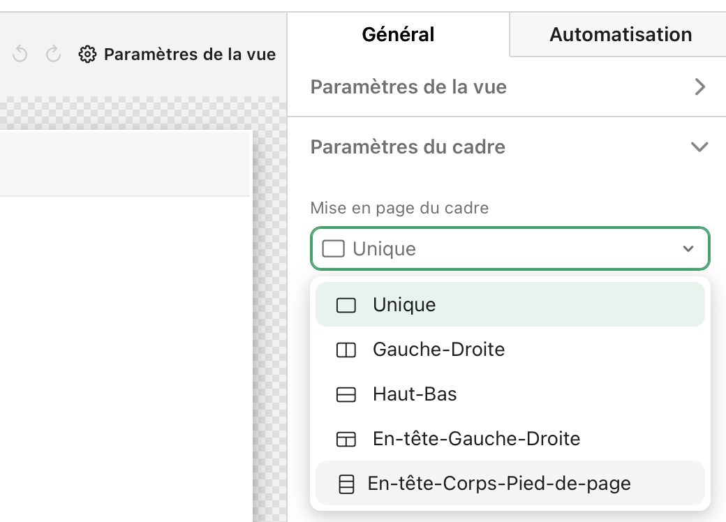 Cadres, Paramètres de cadre, Mise en page du cadre