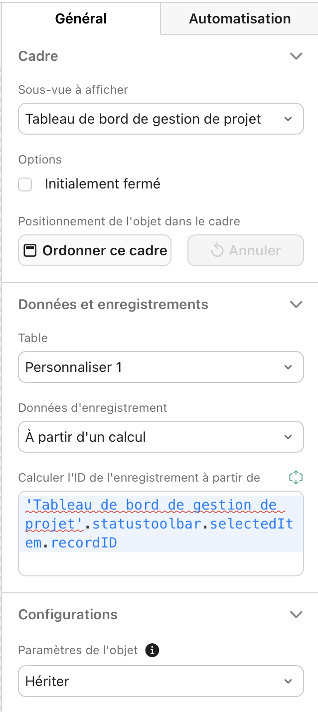 Cadres, Volet Propriétés, Général
