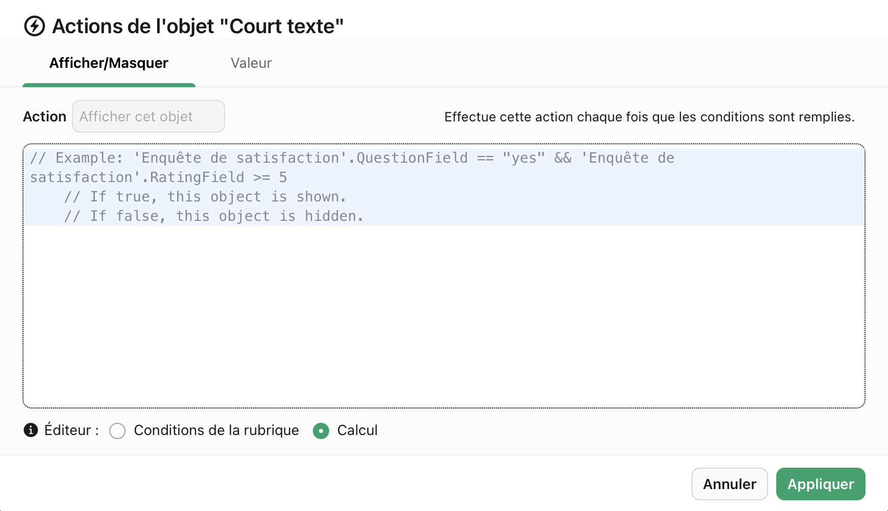 Actions de l'objet, Éditeur, Calcul
