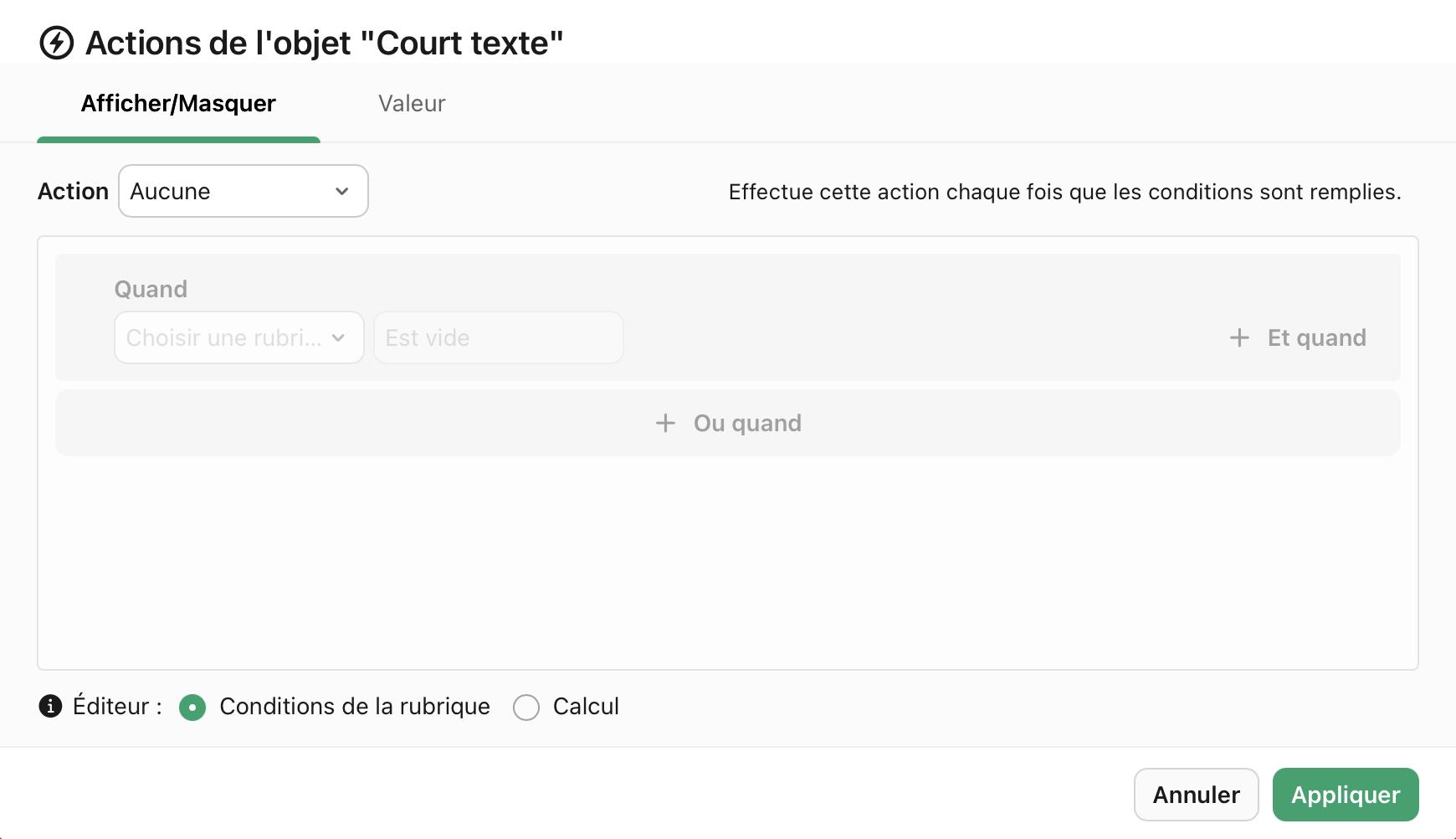 Boîte de dialogue Actions d'objet