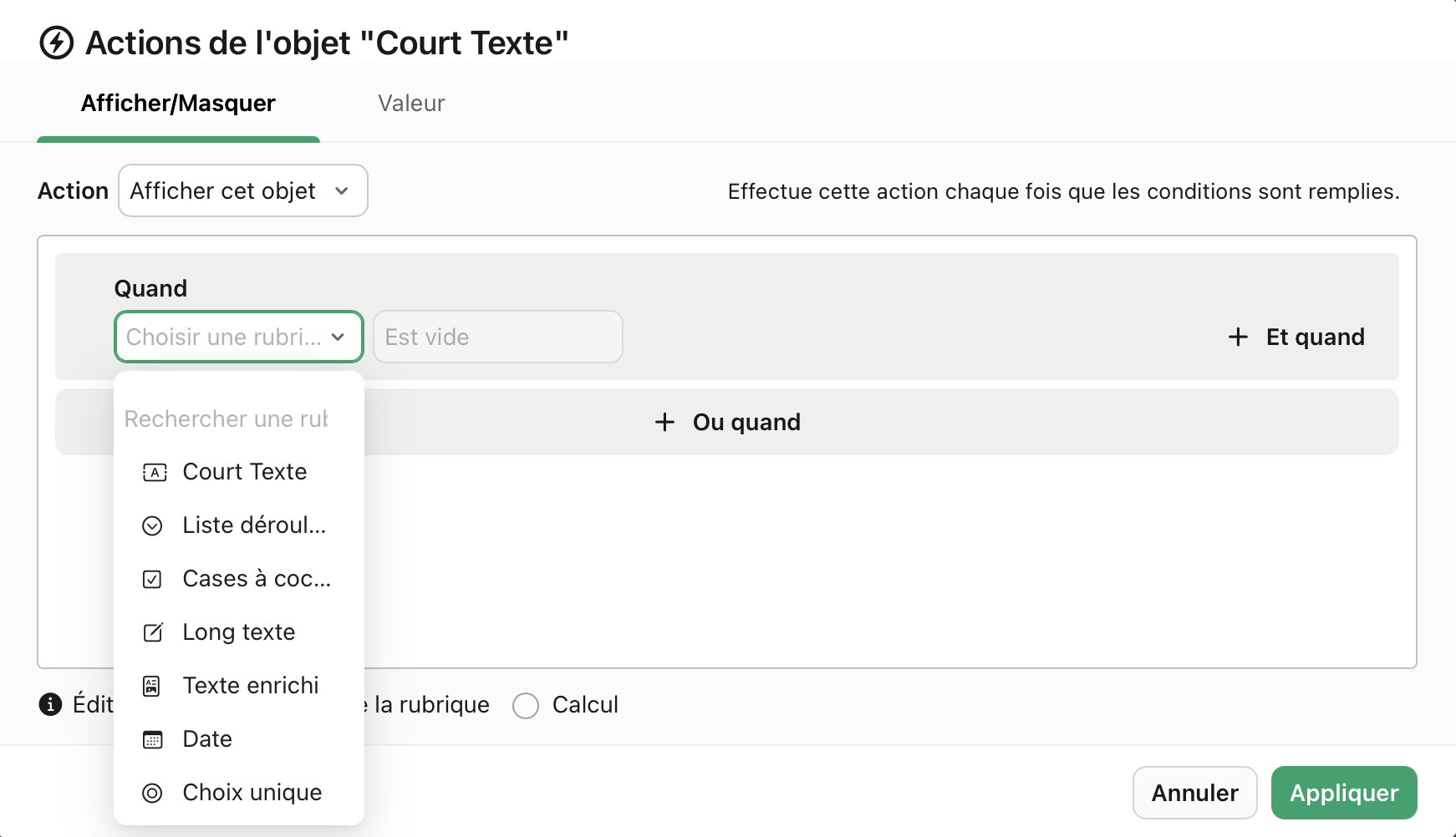 Actions de l'objet, Quand, Sélectionner une rubrique
