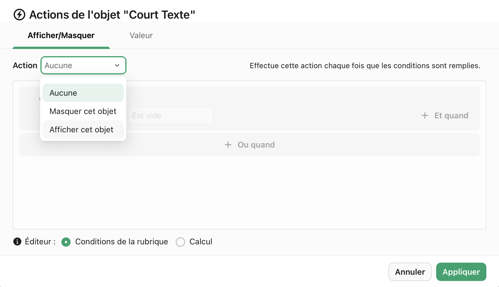 Actions de l'objet, Options de l'action Afficher/Masquer