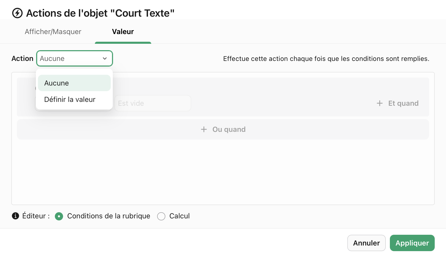 Actions de l'objet, Valeur, Action
