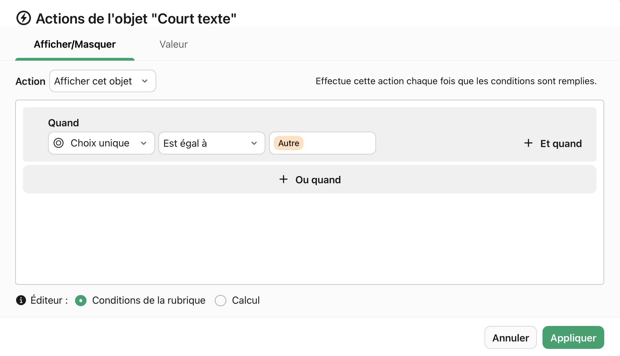 Actions de l'objet, Quand, Valeur