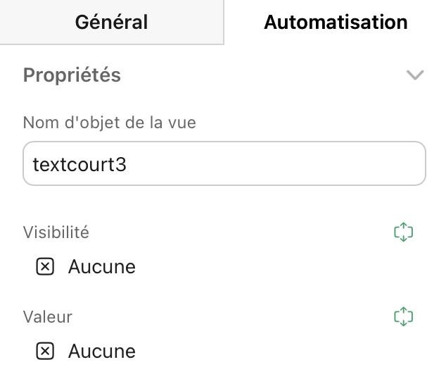 Onglet Automatisation, Propriétés, Visibilité et Valeur
