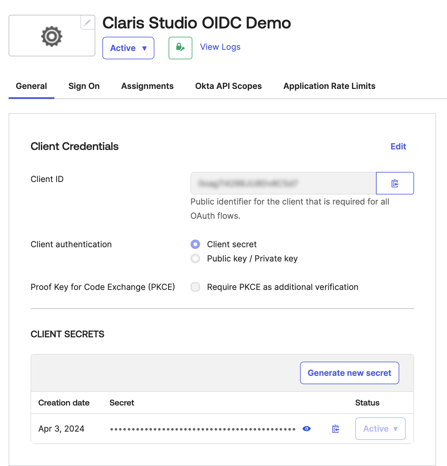 Okta, général, informations d'authentification du client