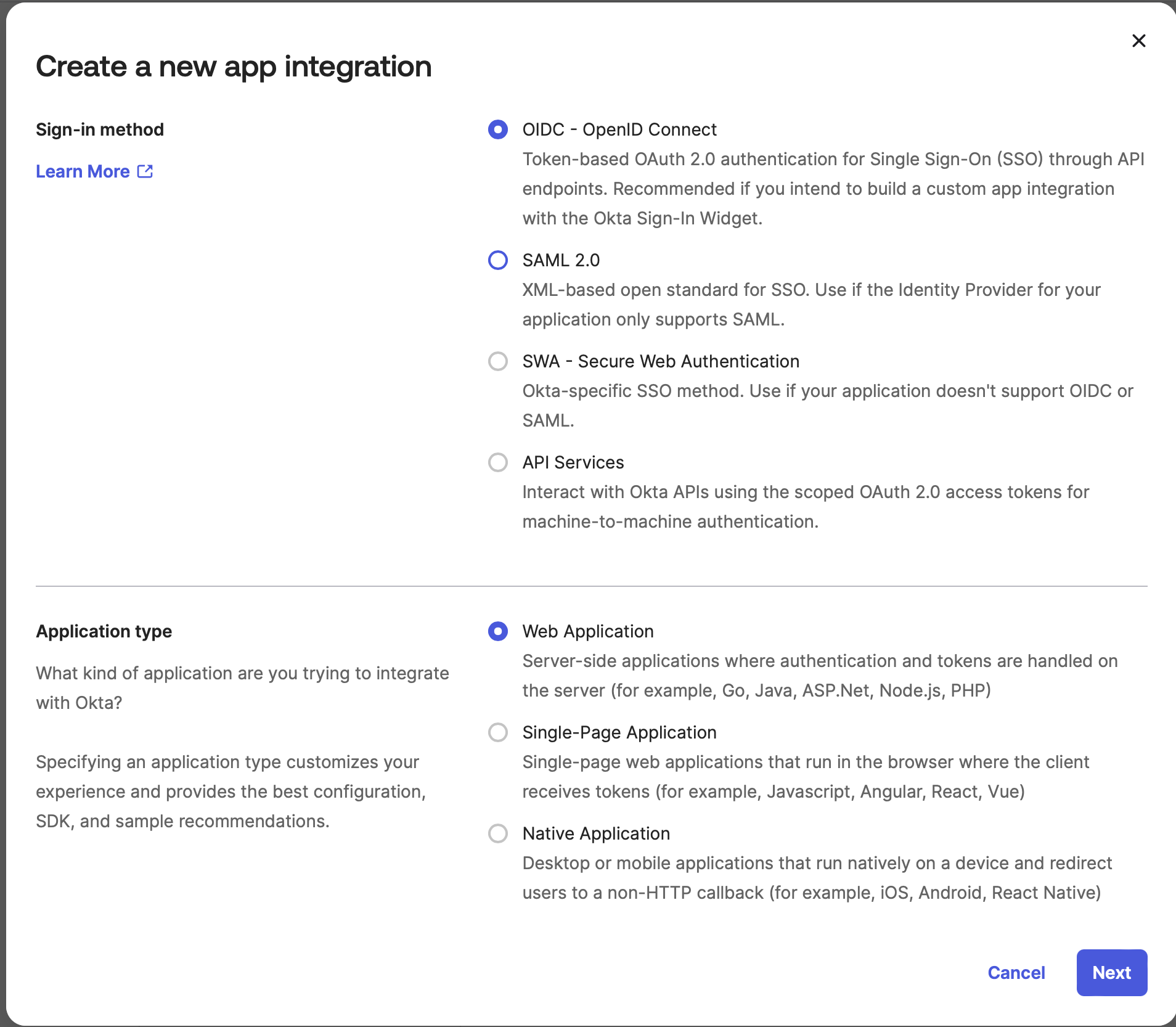 Okta, créer une nouvelle intégration d'application, OIDC - OpenID Connect